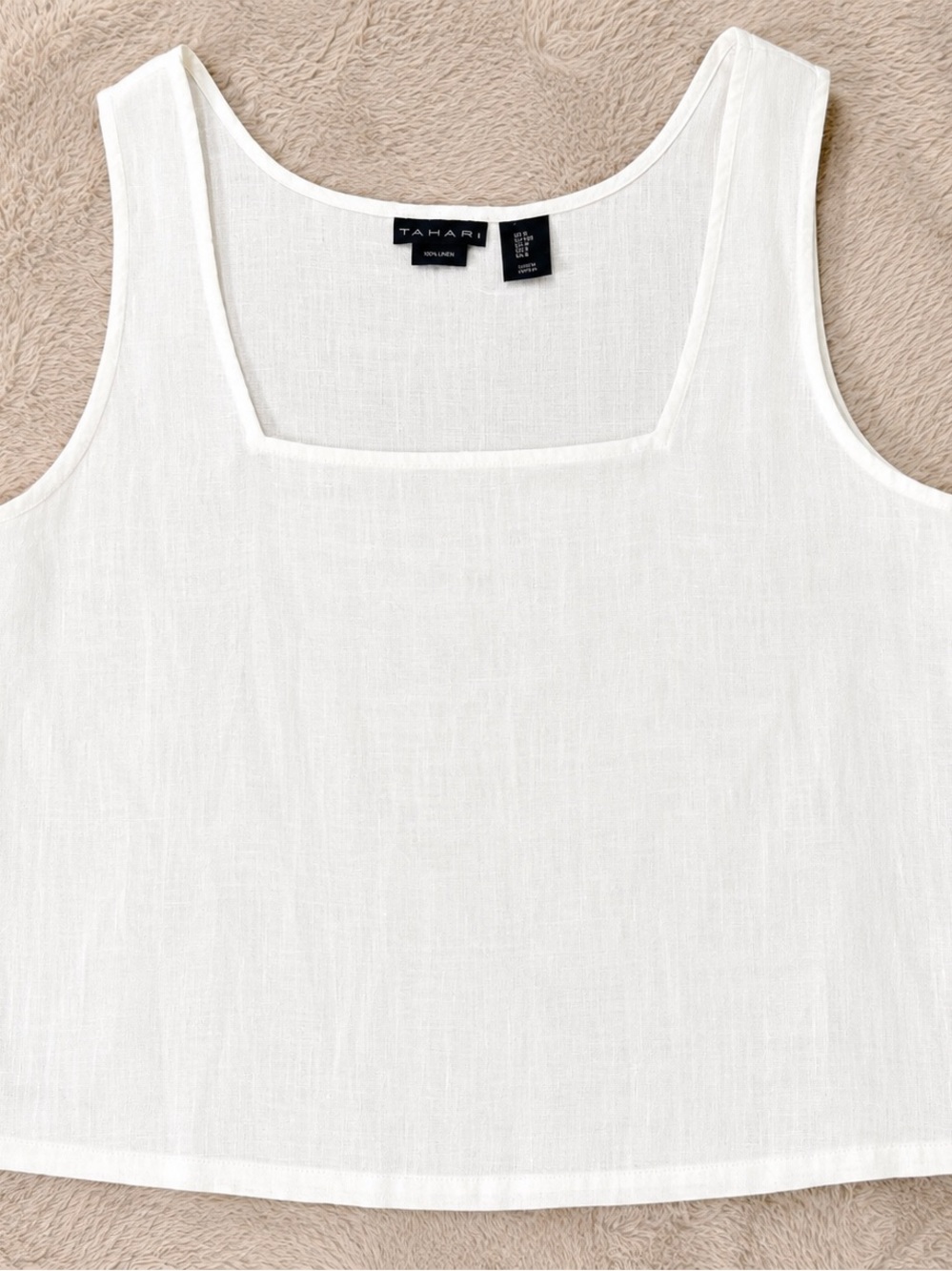 Tahari 100 % White Linen Square Neck Crop Tank